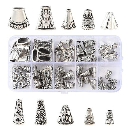 60Pcs 10 Styles Tibetan Style Alloy & Brass & CCB Plastic Bead Cones PALLOY-YW0003-28-1