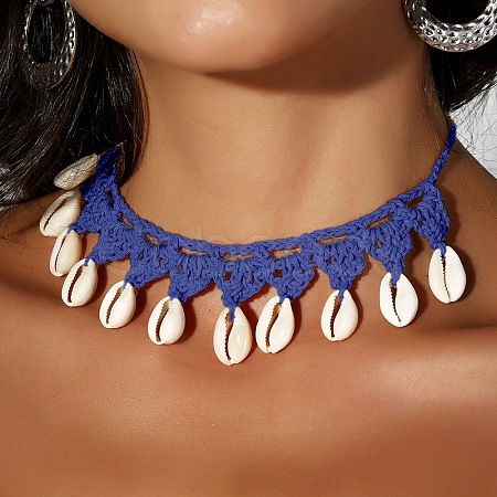 Bohemian Handmade Woven Polyester Cord Natural Cowrie Shell Tassel Choker Necklaces for Women FS-WGB5F2D-04-1