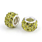 Polymer Clay Rhinestone European Beads, Large Hole Beads, Rondelle, with Silver Color Plated Brass Cores, Olivine, 10~12x7~8mm, Hole: 5mm