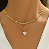 201 Stainless Steel Pave Natural Shell & Crystal Rhinestone Heart Pendant Double Layer Necklaces for Elegant Ladies' Date Party VQ9886-1