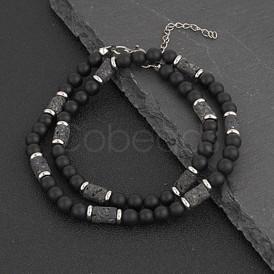 Natural Black Onyx(Dyed & Heated) Round and Lava Rock Column Beaded Necklaces for Men AD4538-1-1