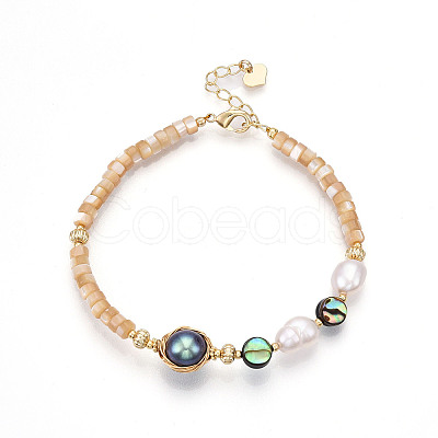 Natural Abalone Shell & Freshwater Pearl & Shell Bead Bracelets BJEW-N031-03G-1