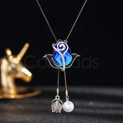 Flower Alloy Sapphire Rhinestone & Plastic Pearl Long Tassel Y Necklaces for Women FS-WG6712B-04-1