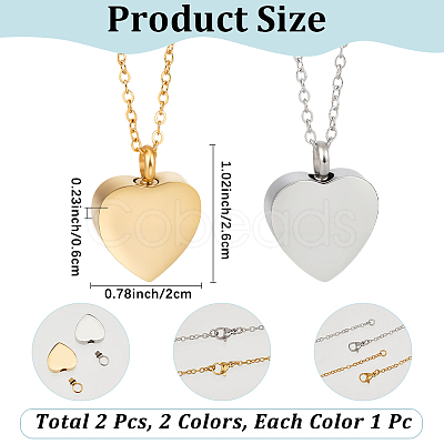 2Pcs 2 Colors Stainless Steel Heart Cinerary Casket Pendant Necklaces NJEW-CN0001-26-1