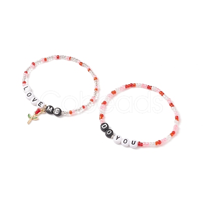 2Pcs 2 Style Word Do You Love Me Plastic Beaded Stretch Bracelets Set with Alloy Enamel Rose Charms BJEW-JB08700-1