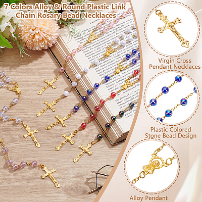 42Pcs 7 Colors Alloy & Round Plastic Link Chain Rosary Bead Necklaces NJEW-WA0001-05-1