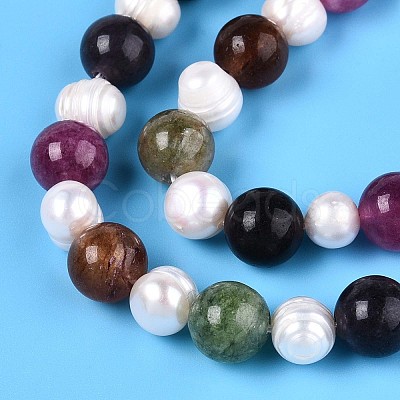 Dyed Natural White Jade Round & Natural Cultured Freshwater Pearl Grooved Potato Beads Strands PEAR-N019-04-1