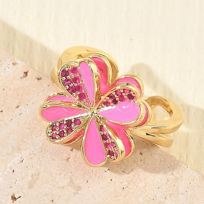 Brass Micro Pave Cubic Zirconia Enamel Cuff Open Rings RJEW-Z145-02G-1