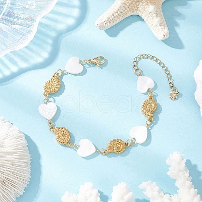 Natural Freshwater Shell Beads & Shell Shape 304 Stainless Steel Connector Charms Link Bracelets for Women BJEW-JB12216-02-1