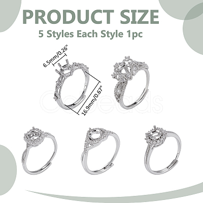 5Pcs 5 Styles Adjustable Brass Micro Pave Clear Cubic Zirconia Ring Components KK-WR0001-86-1