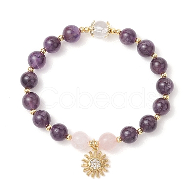 Natural Amethyst & Quartz Crystal & Rose Quartz Round Beaded Bracelets BJEW-JB11934-02-1