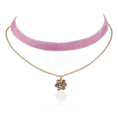 Glass Beaded Flower Pendant Single Face Medium Orchid Velvet Ribbon & Brass Cable Chain Double Layered Choker Necklaces NJEW-TAC0041-1