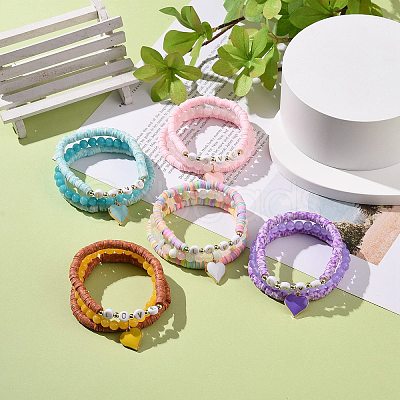 3Pcs 3 Style Natural Gemstone & Acrylic Word Love Beaded Stretch Bracelets Set with Alloy Enamel Heart Charms BJEW-JB08924-1