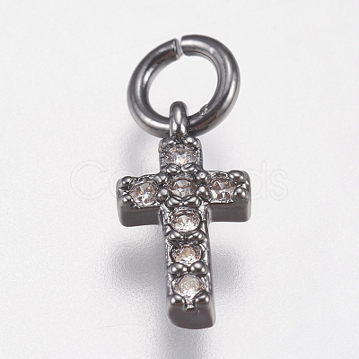 Brass Micro Pave Cubic Zirconia Tiny Cross Charms ZIRC-E147-62B-1