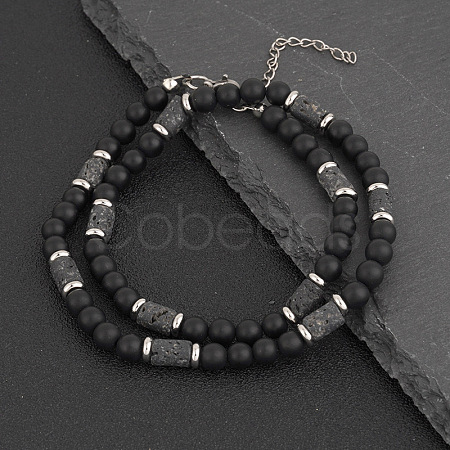 Natural Black Onyx(Dyed & Heated) Round and Lava Rock Column Beaded Necklaces for Men AD4538-1-1