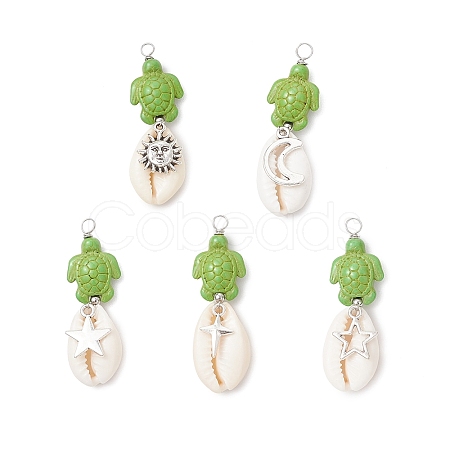 5Pcs 5 Styles Natural Cowrie Shell & Dyed Synthetic Turquoise Turtle Copper Wire Wrapped Pendants PALLOY-JF04034-01-1