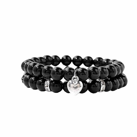 2Pcs 2 Style Natural Obsidian Stretch Bracelets Set LS3825-3-1