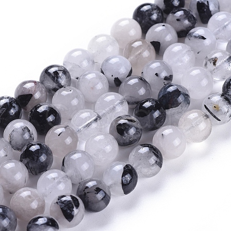 Natural Tourmalinated Quartz/Black Rutilated Quartz Beads Strands X-G-E558-04-8mm-1