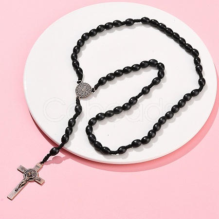 Oval Wood Rosary Bead Necklaces NJEW-C108-01-1