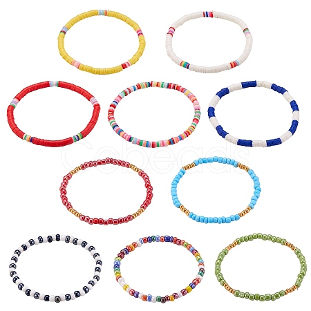 10Pcs 10 Style Handmade Polymer Clay Heishi Surfer Stretch Bracelets Set BJEW-SW00048-1