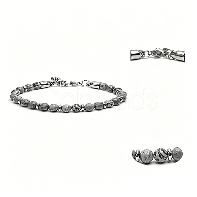 Natural Map Stone Round Beaded Bracelets with 304 Stainless Steel Clasps WG47F3F-02-1