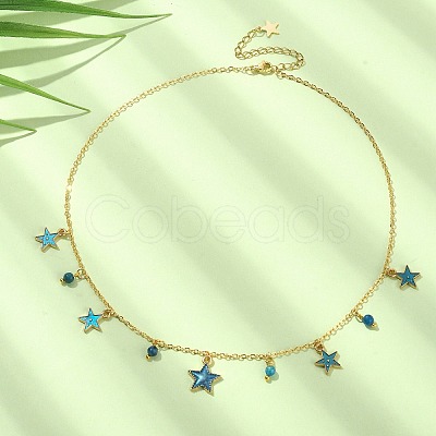 Natural Agate Round & Alloy Enamel Star Charms Bib Necklace with 304 Stainless Steel Chains NJEW-JN04404-03-1