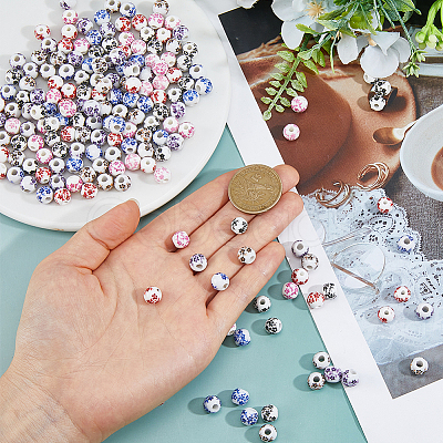210Pcs 6 Styles Floral Printed Porcelain Beads PORC-DC0001-15-1