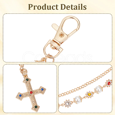 1Pc Alloy Colorful Rhinestone Flower & Plastic Pearl Link Chain Double Layer Pants Chains with Cross Charms AJEW-GF0012-75-1