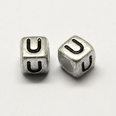 Antique Silver Plated Large Hole Acrylic Letter European Beads PACR-Q099-01U-1