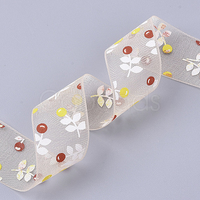 Flower Pattern Printed Polyester Organza Ribbons ORIB-Q034-03-1