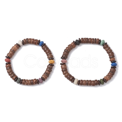 2Pcs Natural Coconut & Lava Rock Beads Stretch Bracelets for Men Women BJEW-JB12497-1