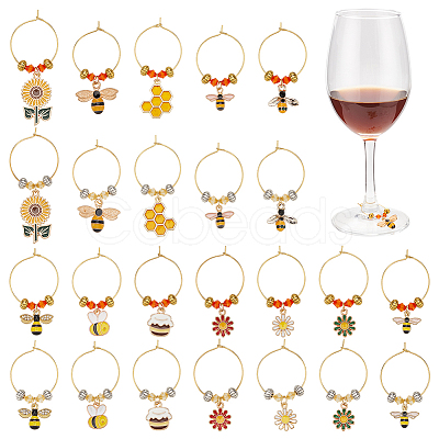 24Pcs 12 Style Alloy Enamel with Rhinestone Pendant & Brass Ring Wine Glass Charms AJEW-AB00054-1