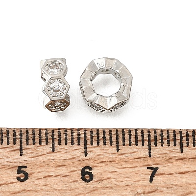 Hexagon Brass Micro Pave Clear Cubic Zirconia European Beads KK-Z156-01P-02-1