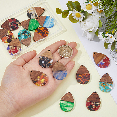 16Pcs 8 Colors Transparent Resin & Walnut Wood Big Pendants RESI-HS0001-01B-1