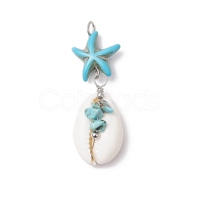 4Pcs 4 Styles Natural Cowrie Shell & Starfish Dyed Synthetic Turquoise Pendants PALLOY-JF03934-01-1