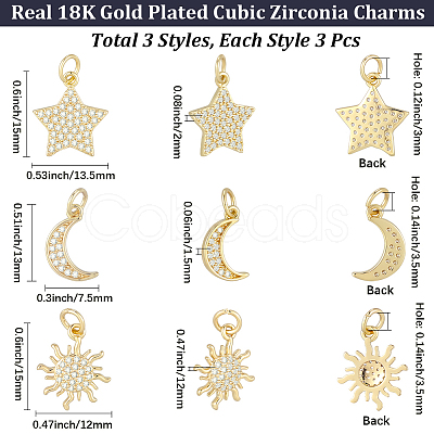 9Pcs 3 Styles Brass Micro Pave Cubic Zirconia Pendants ZIRC-BBC0003-75-1