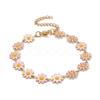 Enamel Daisy Link Chains Bracelet BJEW-P271-01G-05-1