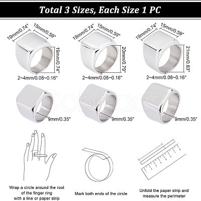 3Pcs 3 Size 304 Stainless Steel Rectangle Signet Finger Rings RJEW-UN0001-26P-1