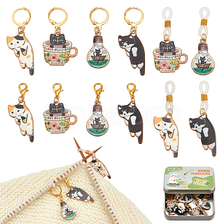Cat Alloy Enamel Locking Stitch Markers & Needle Cap Set HJEW-NB00142-1