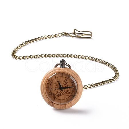 Bamboo Pocket Watch with Brass Curb Chain and Clips WACH-D017-B04-AB-1