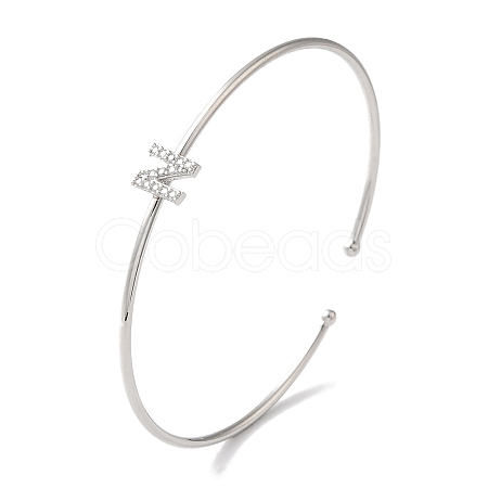 Rack Plating Brass Micro Pave Clear Cubic Zirconia Letter Open Cuff Bangles BJEW-A018-01P-N-1