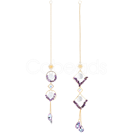 2Pcs 2 Style Teardrop K9 Glass & Natural Amethyst Chip Pendant Decorations HJEW-GO0001-04-1