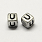 Antique Silver Plated Large Hole Acrylic Letter European Beads, Horizontal Hole, Cube with Letter.U, 6x6x6mm, Hole: 4mm, about 2950pcs/500g