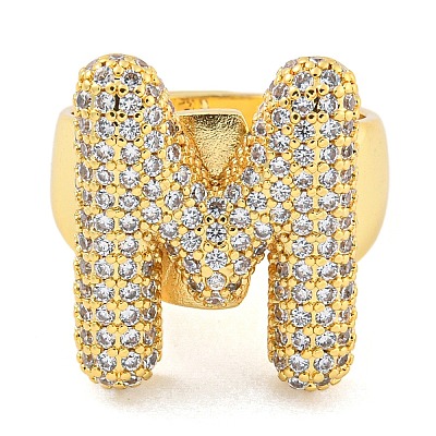 Brass Micro Pave Clear Cubic Zirconia Letter Open Cuff Ring for Women RJEW-M173-01G-M-1