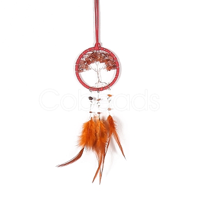Iron & Natural Carnelian Woven Web/Net with Feather Pendant Decorations PW-WG44935-03-1