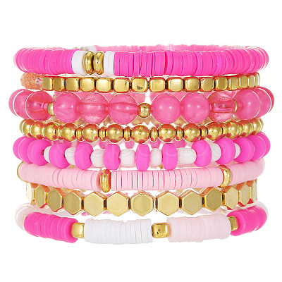 8Pcs Polymer Clay Heishi & CCB Plastic & Glass Beaded Stretch Bracelets Set For Women FS-WGAEA5C-03-1