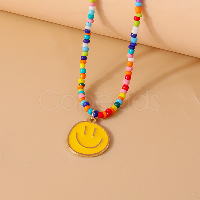 Alloy Enamel Smiling Face Pendant Glass Seed Beaded Necklaces for Women FS-WGD322E-02-1