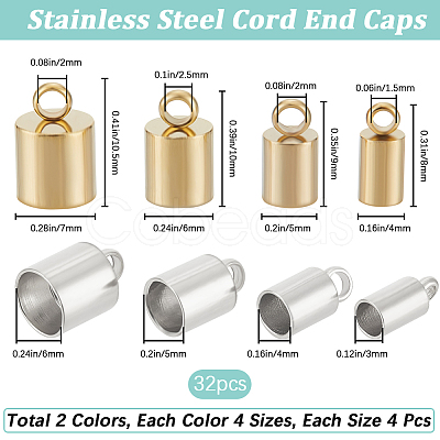 Beebeecraft 32Pcs 8 Style 201 Stainless Steel Cord Ends STAS-BBC0003-57-1