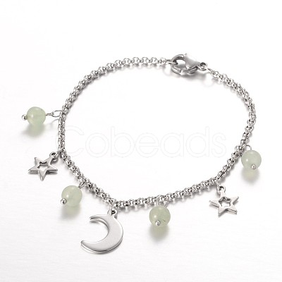 Moon & Star Stainless Steel Gemstone Charm Bracelets BJEW-JB01935-1