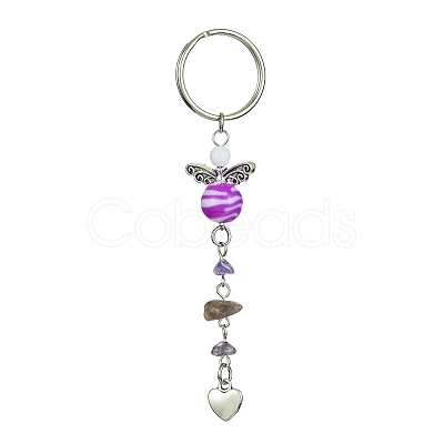 Gemstone Chip & Alloy Heart Pendant Keychain with Acrylic Beads KEYC-JKC00538-1